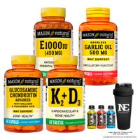 COMBO MASON-  VITAMINA E-1000 UI + ACEITE DE AJO + GLUCOSAMINA CONDROITINA + VITAMINA K2+D3 + SHAKER