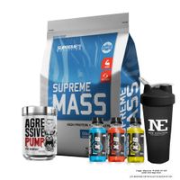 COMBO SUPREME NUTRITION - SUPREME MASS 10 LIBRAS CHOCOLATE+ AGRESSIVE PUMP 350GR FRUIT PUNCH +SHAKER