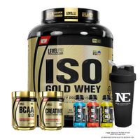 COMBO LEVEL PRO - ISO GOLD WHEY 5.5 LIBRAS CHOCOLATE+ BCAA 540GR FRUIT PUNCH + CREATINE 500G +SHAKER