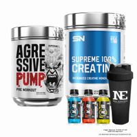 COMBO SUPREME NUTRITION - AGRESSIVE PUMP 350 GR. FRUIT PUNCH + SUPREME 100% CREATINE 500GR. + SHAKER