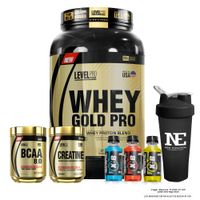 COMBO LEVEL PRO- WHEY GOLD PRO 2.43 LIBRAS CHOCOLATE+ BCAA 8.0 540G FRUIT PUNCH+CREATINE 500G+SHAKER