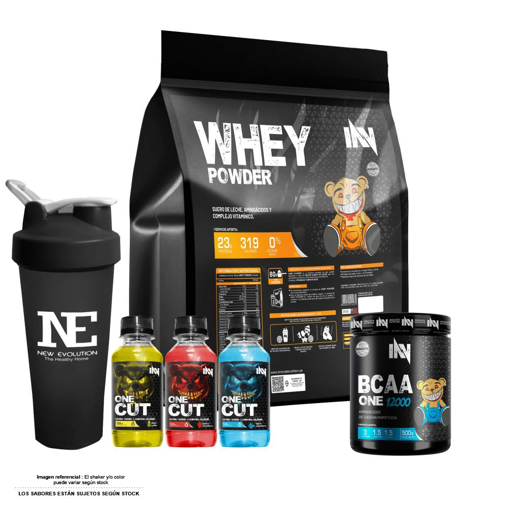 COMBO INNOVATE NUTRITION - WHEY POWDER 5 KG. COOKIE + BCAA ONE 12000 500 GR. FRUIT PUNCH + SHAKER