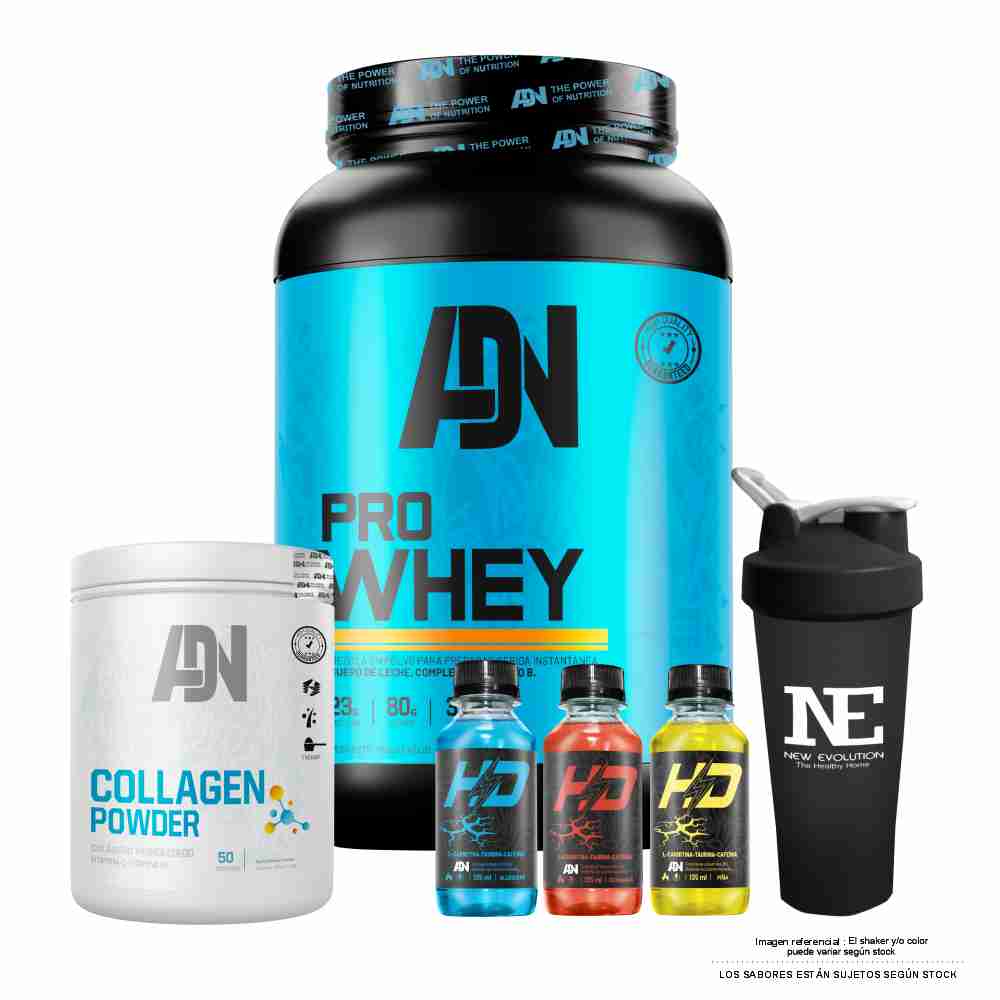 COMBO ADN NUTRITION - PRO WHEY 1.100 KG. COOKIE + COLLAGEN POWDER 500 GR. FRUIT PUNCH + SHAKER