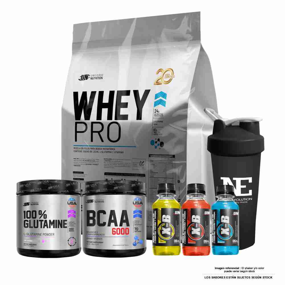 COMBO UNIVERSE NUTRITION - WHEY PRO 5 KG. COOKIE + 100% GLUTAMINE 500GR + BCAA 490GR MANZANA +SHAKER
