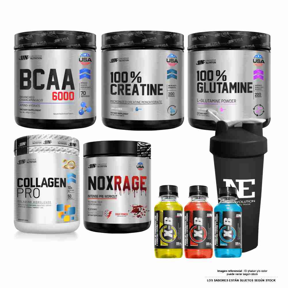 COMBO UN- BCAA 490G CITRUS P.+NOX RAGE 350G CITRUSPUNCH+GLUTA 500G+CREA 500G+COLAGEN FRUIT P.+SHAKER