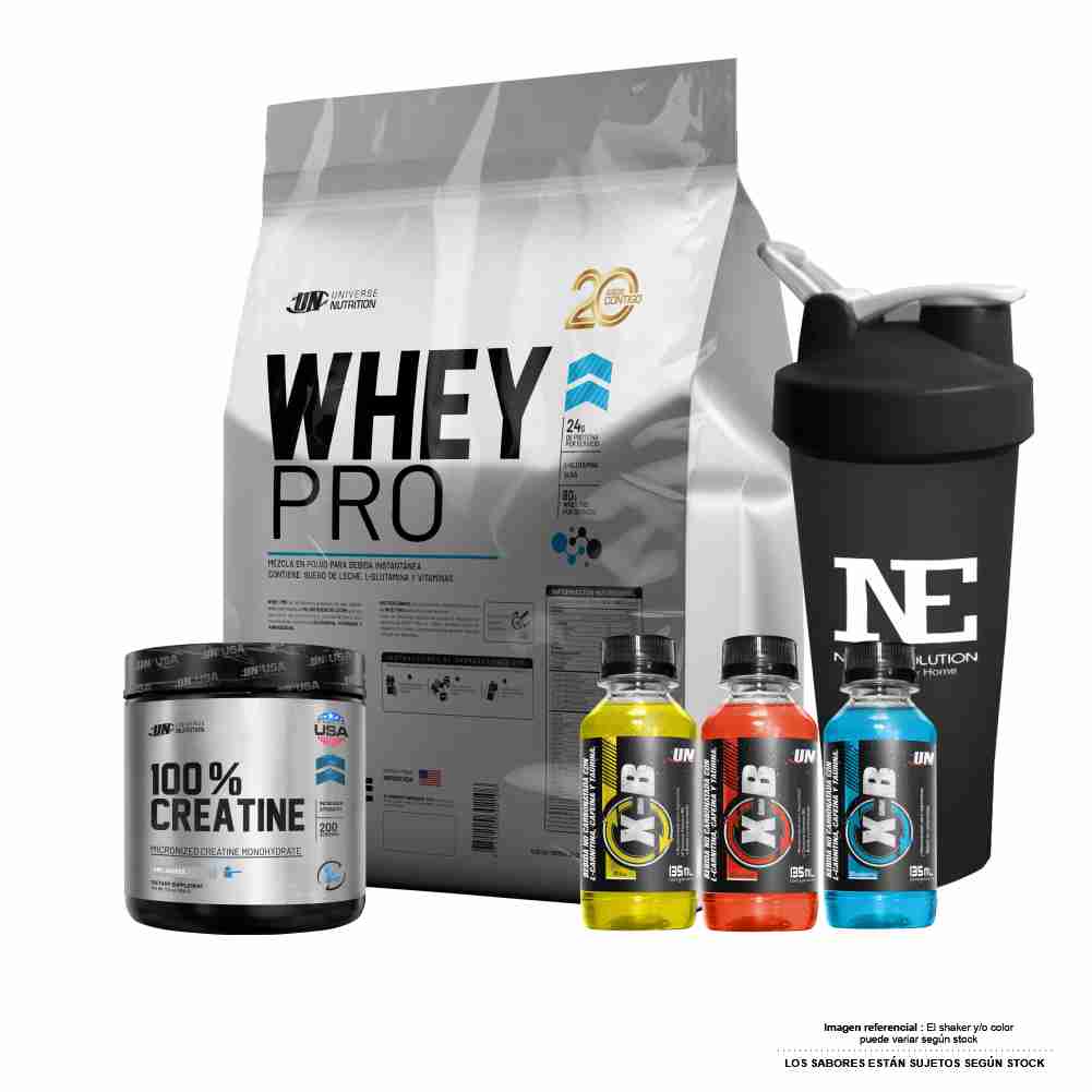 COMBO UNIVERSE NUTRITION - WHEY PRO 5 KG. CHOCOLATE + 100% CREATINE 500 GR. + SHAKER