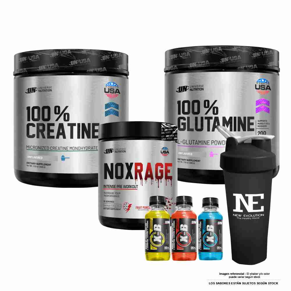 COMBO UNIVERSE - 100% CREATINE 500 GR. + 100% GLUTAMINE 500GR. + NOX RAGE 350GR. FRUIT PUNCH +SHAKER