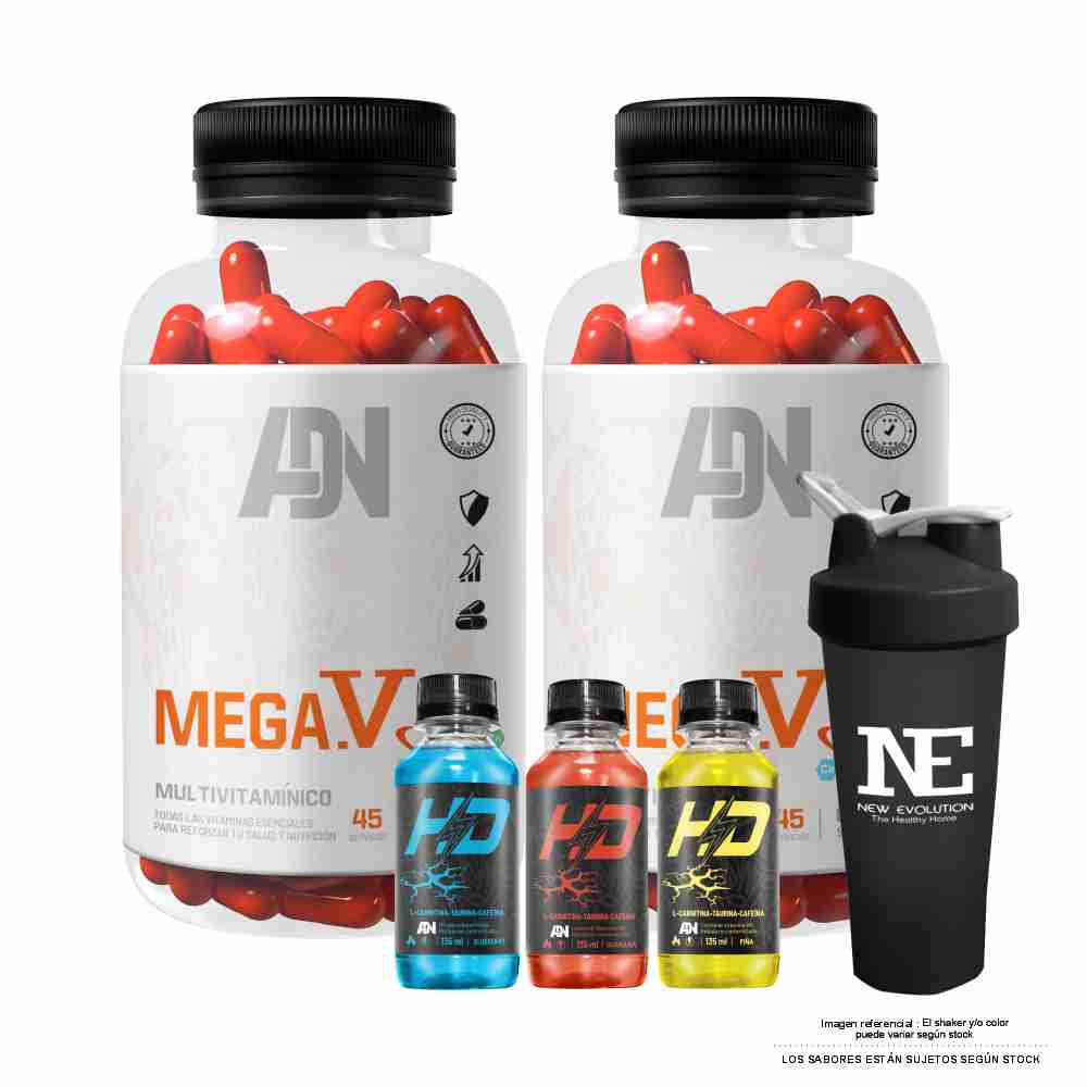 COMBO ADN NUTRITION - 2 MEGA.V 100 CAPS. + SHAKER