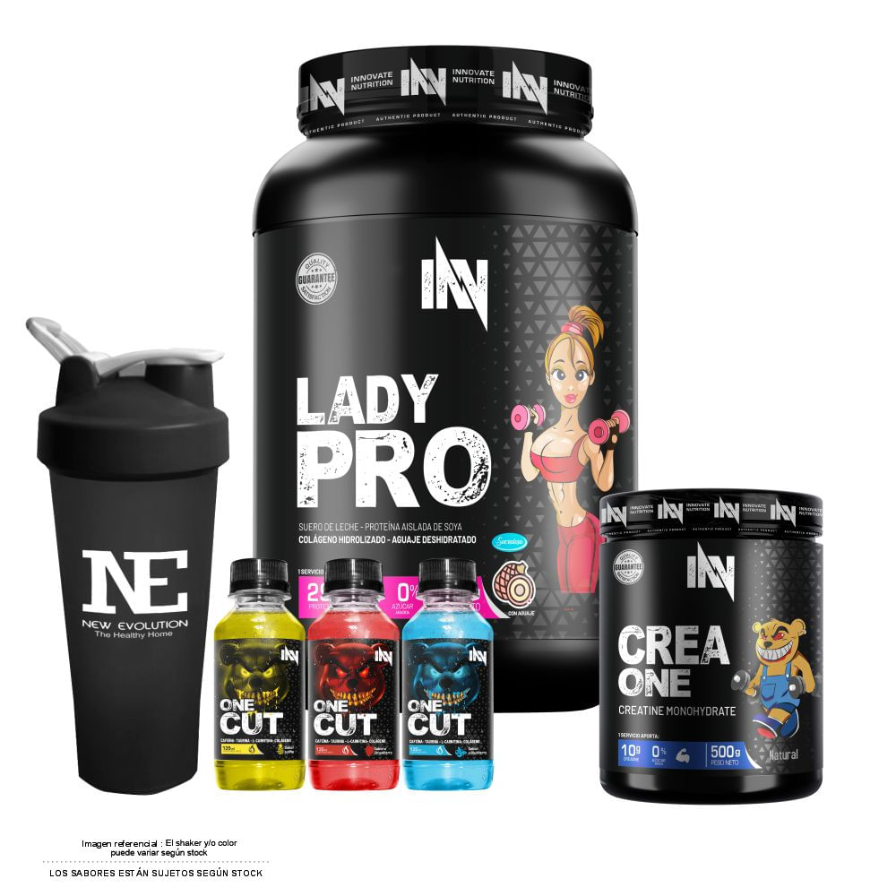 COMBO INNOVATE NUTRITION - LADY PRO 1.100 KG. VAINILLA + CREA ONE 500 GR. + SHAKER