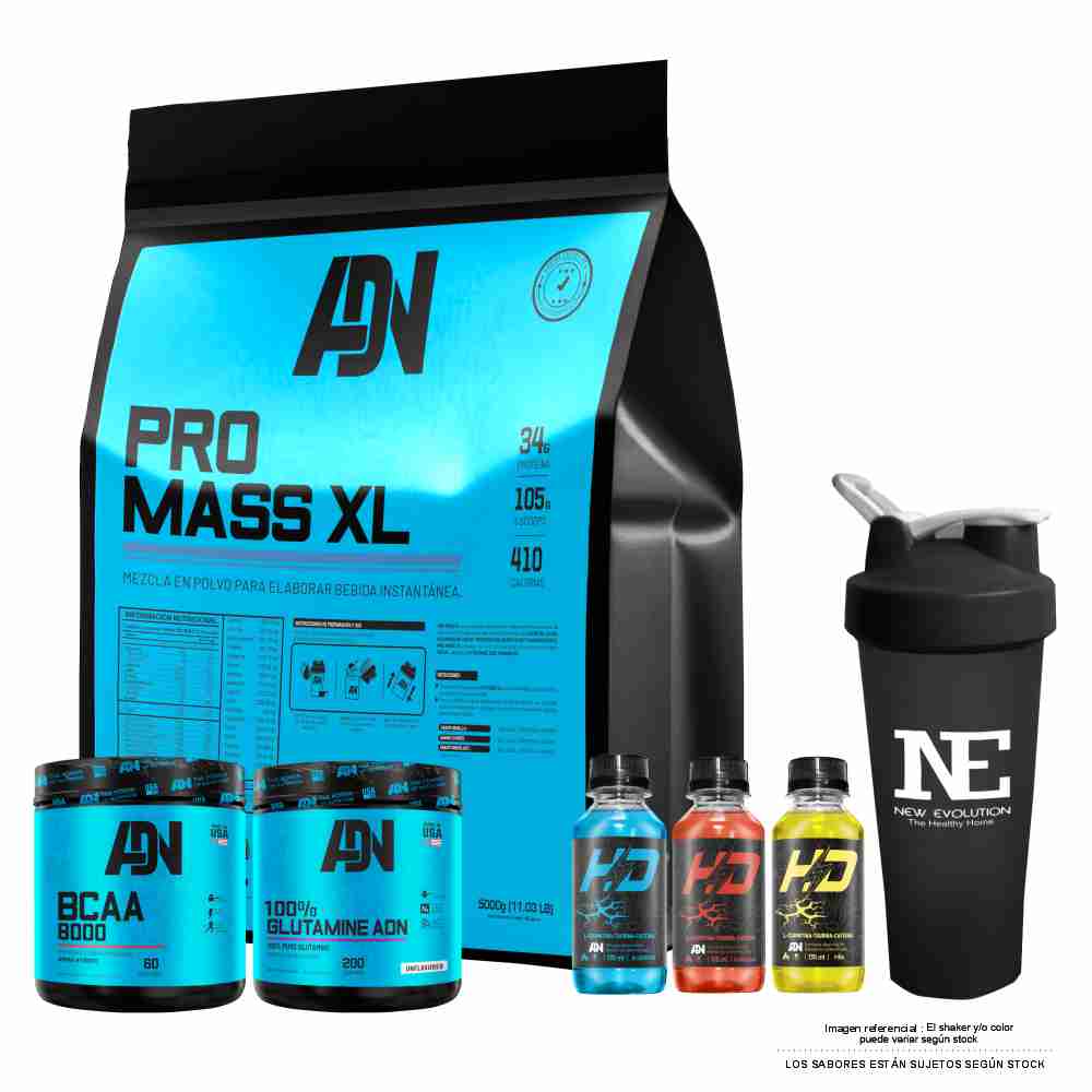 COMBO ADN NUTRITION- PRO MASS XL 5 KG. COOKIE+ BCAA 8000 540GR. MANZANA+ GLUTAMINE ADN 500GR +SHAKER
