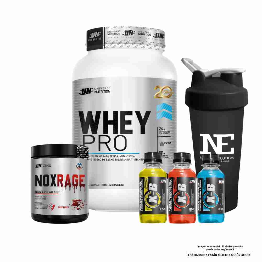 COMBO UNIVERSE NUTRITION - WHEY PRO 1.100 KG. COOKIE + NOX RAGE 350 GR. FRUIT PUNCH + SHAKER