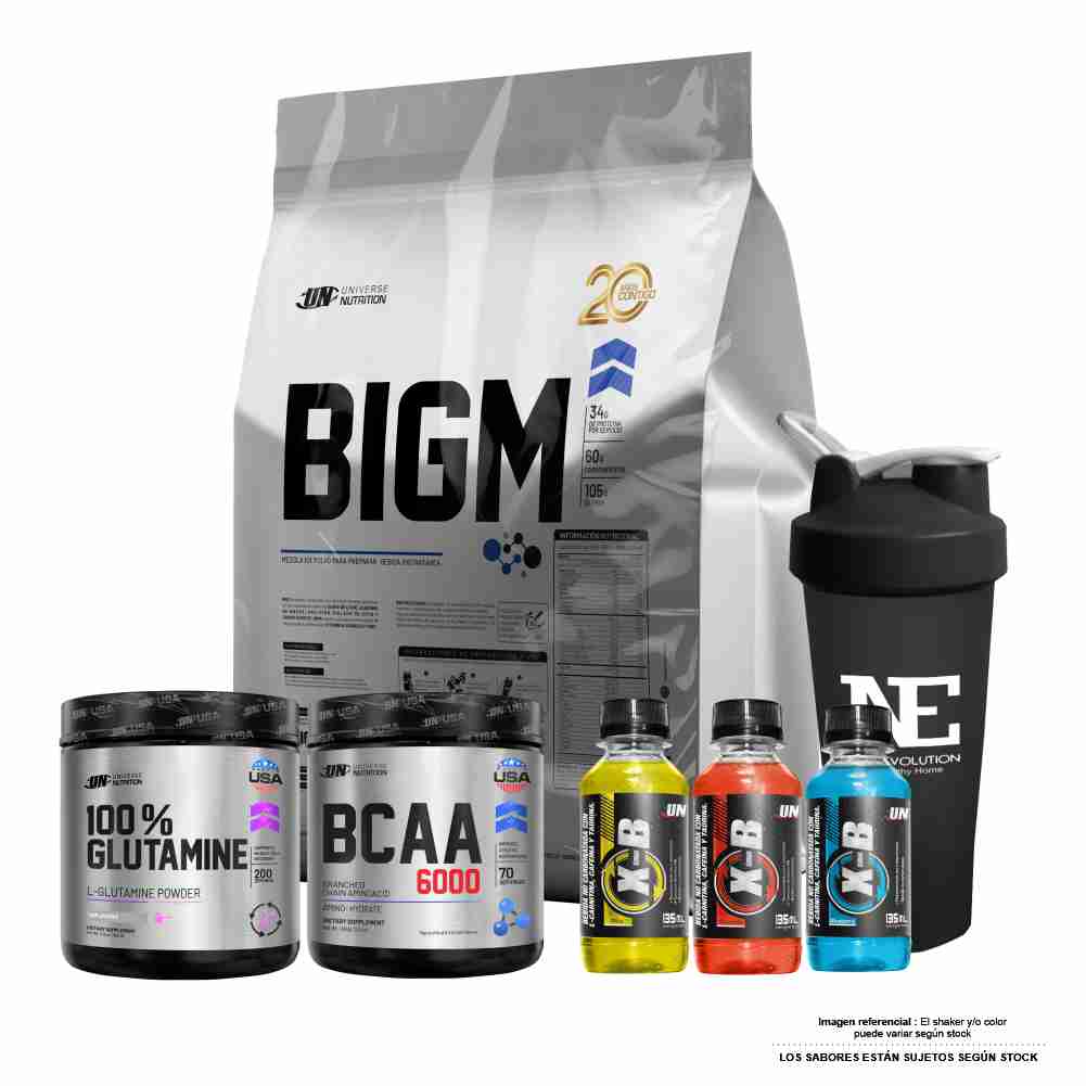 COMBO UNIVERSE - BIGM 5 KG. CHOCOLATE +  100% GLUTAMINE 500GR + BCAA 6000 490GR CITRUS PUNCH +SHAKER