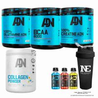 COMBO ADN - CREATINE 500GR+ GLUTAMINE 500GR+ BCAA 540GR MANZANA+COLLAGEN POWDER 500GR NARANJA+SHAKER