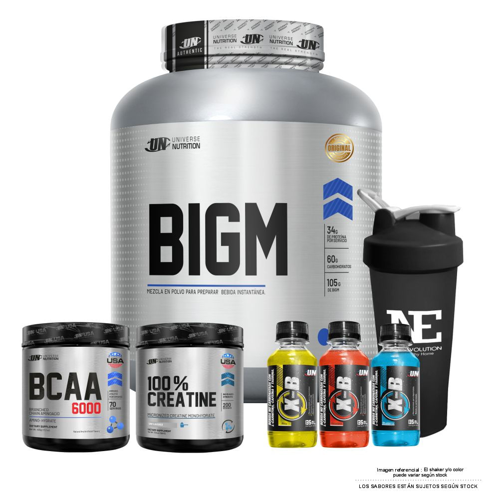 COMBO UNIVERSE - BIGM 2.5 KG. CHOCOLATE + 100% CREATINE 500GR + BCAA 6000 490GR FRUIT PUNCH + SHAKER