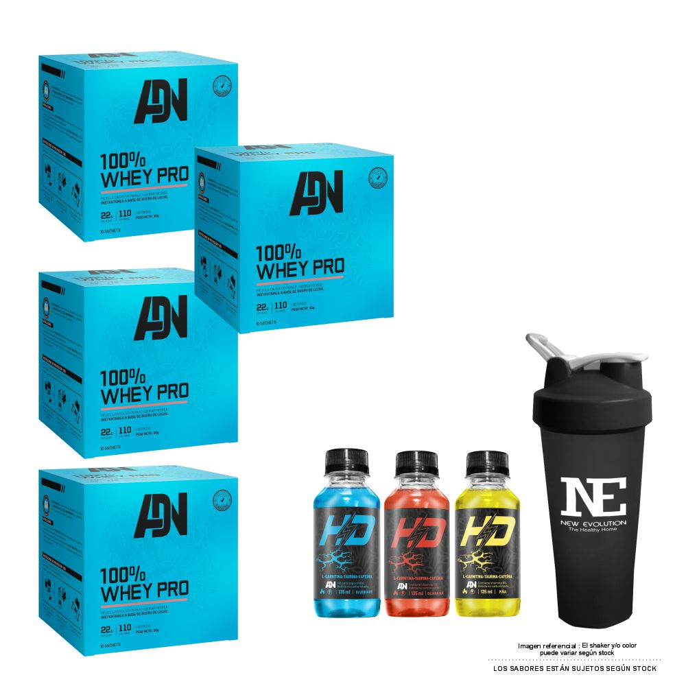 COMBO ADN NUTRITION - 4 100% WHEY PRO CAJA 10 UNID. CHOCOLATE + SHAKER