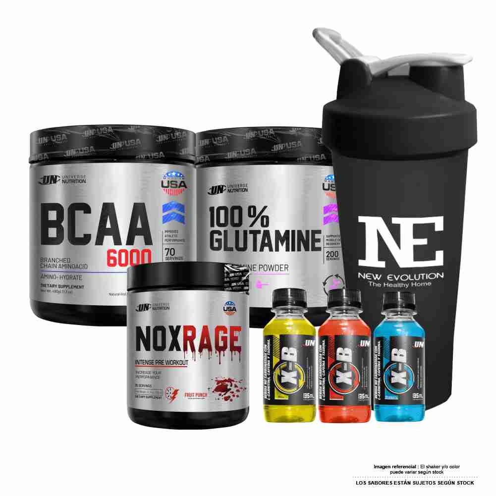 COMBO UNIVERSE - BCAA 490GR. FRUIT PUNCH  + GLUTAMINE 500GR. + NOX RAGE 350 GR. FRUIT PUNCH + SHAKER