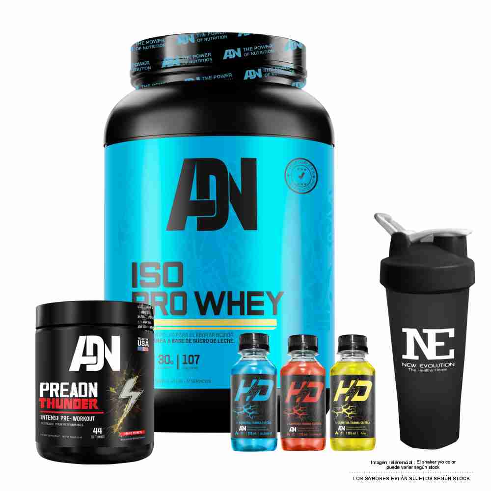 COMBO ADN NUTRITION - ISO PRO WHEY 1.100 KG. COOKIE + PRE ADN THUNDER 352 GR. UVA + SHAKER