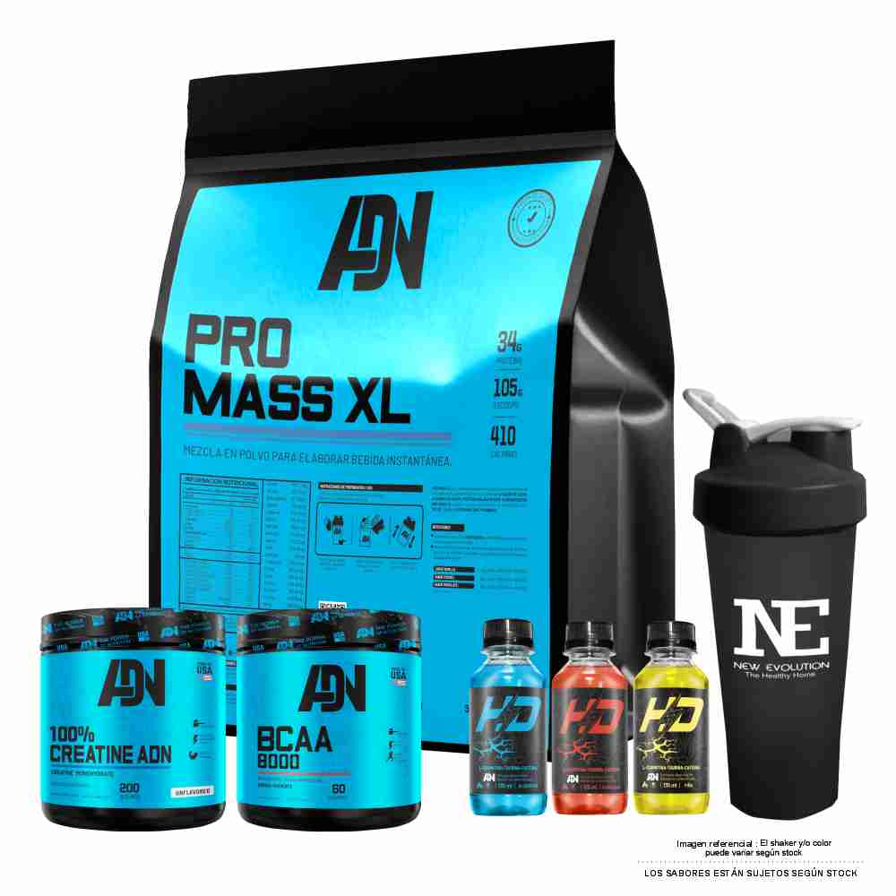 COMBO ADN - PRO MASS XL 3 KG. COOKIE + BCAA 8000 540 GR. MANZANA + 100% CREATINE ADN 500 GR. +SHAKER