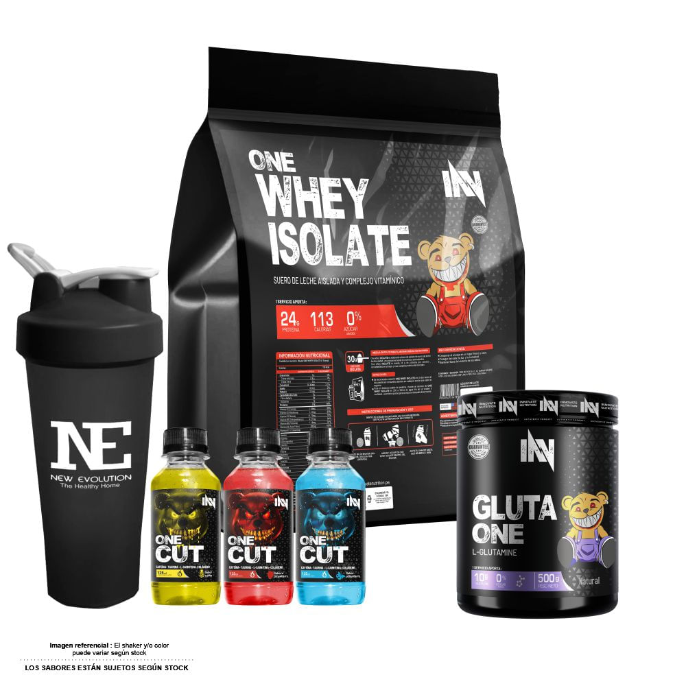 COMBO INNOVATE NUTRITION - ONE WHEY ISOLATE 3 KG. VAINILLA + GLUTA ONE 500 GR. + SHAKER
