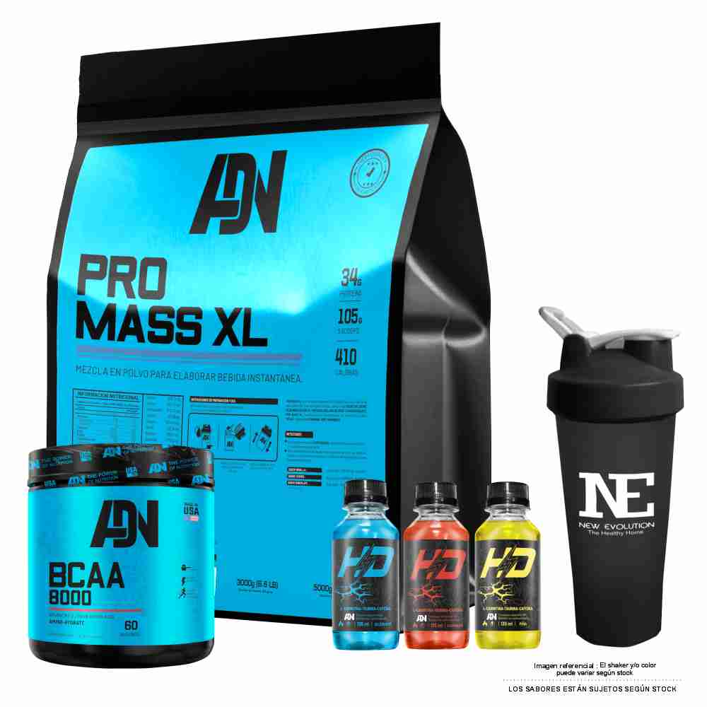 COMBO ADN NUTRITION - PRO MASS XL 5 KG. VAINILLA + BCAA 8000 540 GR. MANZANA + SHAKER