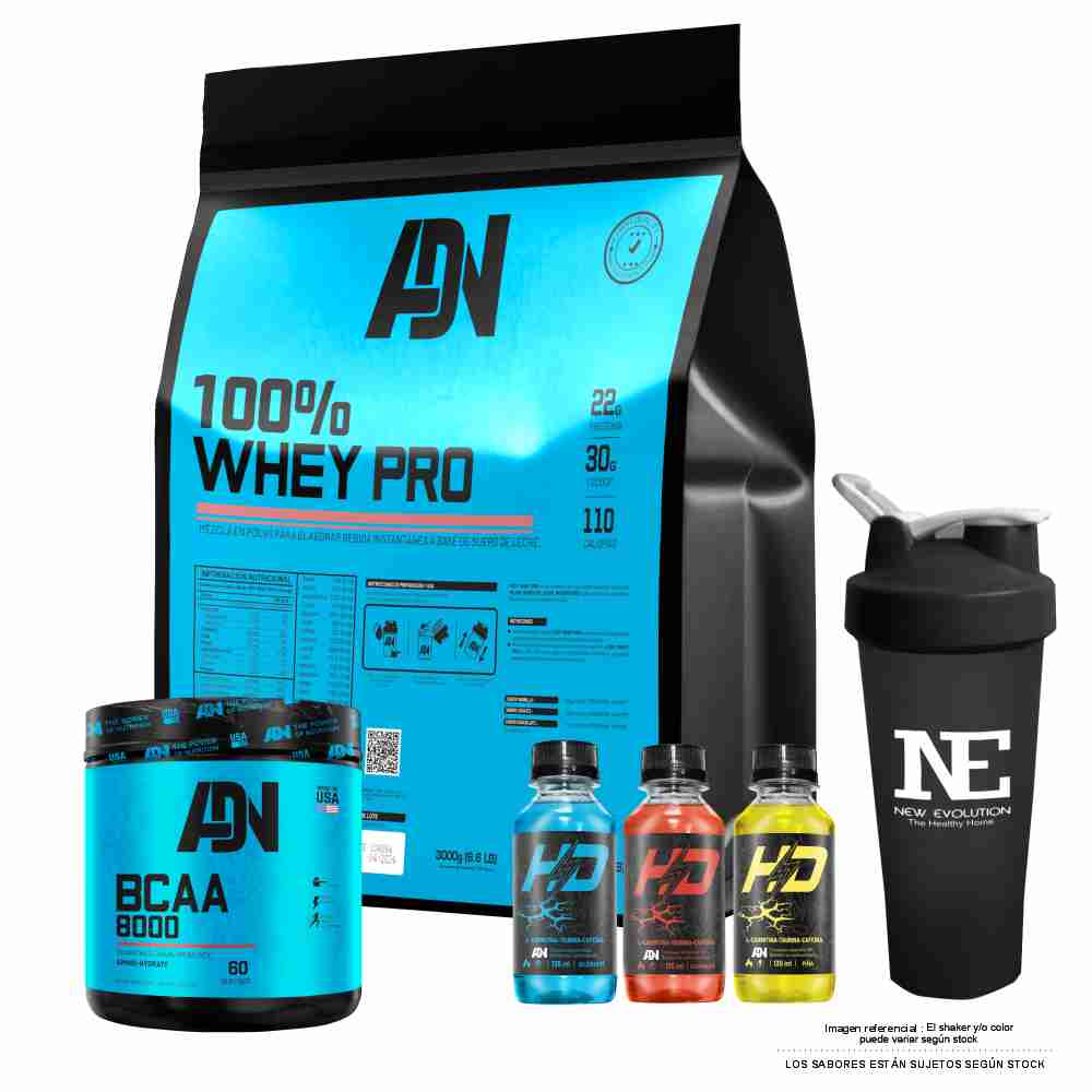 COMBO ADN NUTRITION - 100% WHEY PRO 3 KG. VAINILLA + BCAA 8000 540 GR. MANZANA + SHAKER