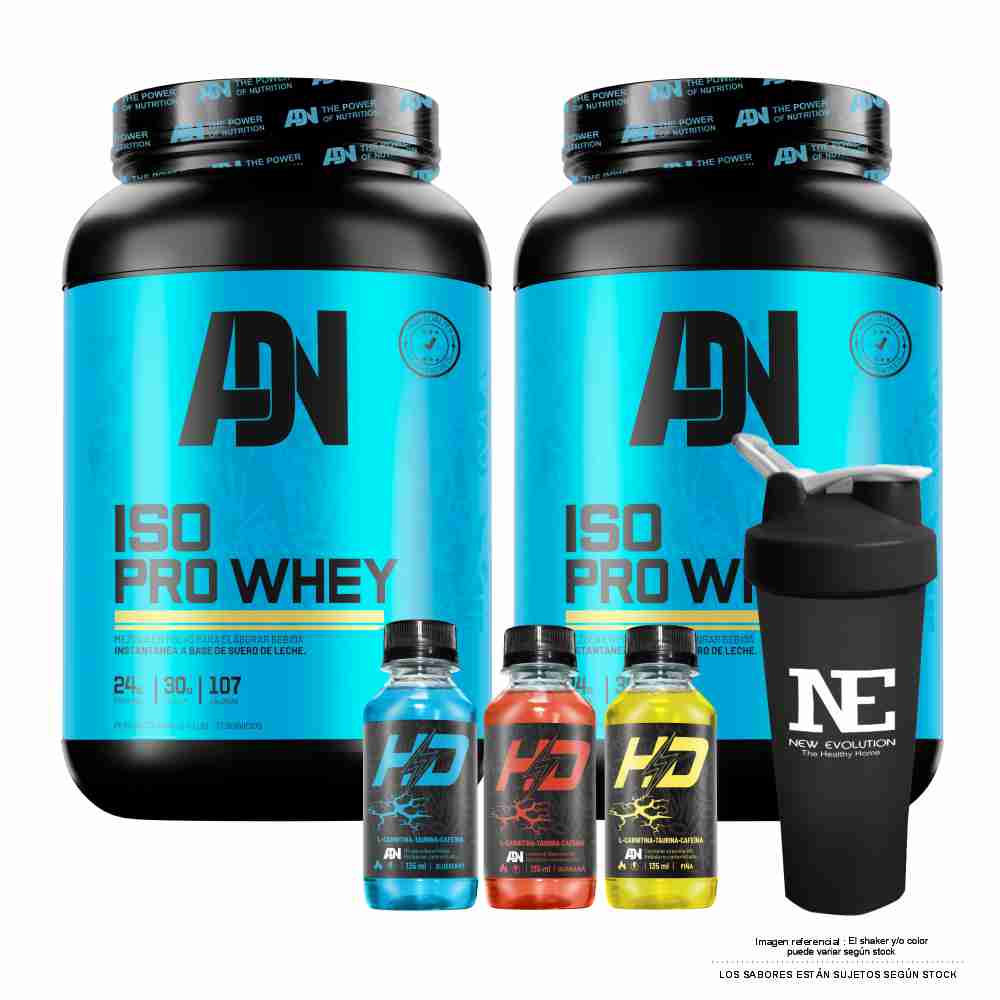 COMBO ADN NUTRITION - 2 ISO PRO WHEY 1.100 KG. CHOCOLATE + SHAKER