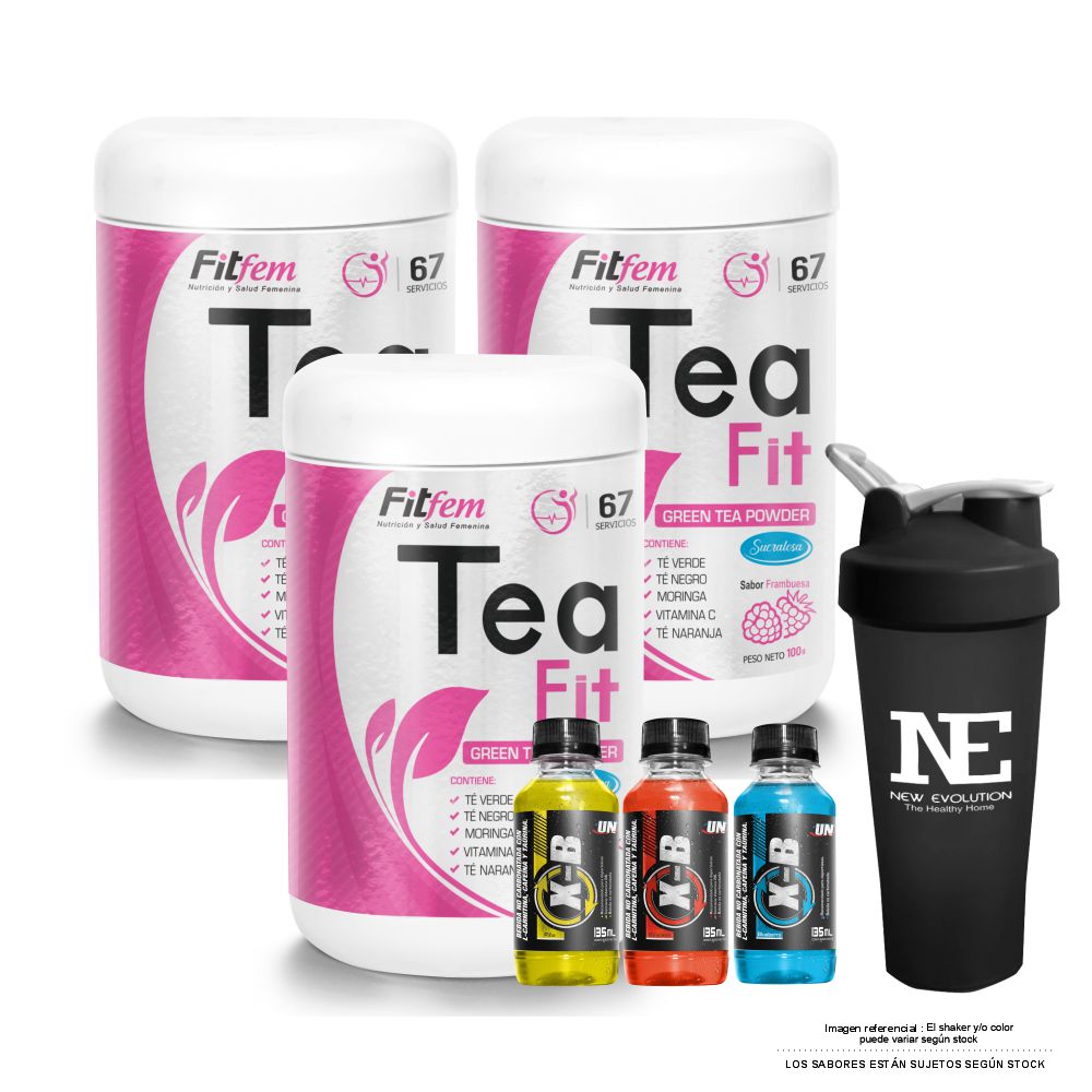 COMBO FITFEM - 3 TEA FIT FRASCO 100 GR. FRAMBUESA + SHAKER