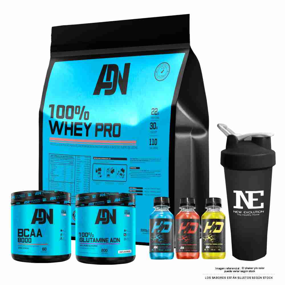 COMBO ADN - 100% WHEY PRO 5 KG. CHOCOLATE+ 100% GLUTAMINE ADN 500GR + BCAA 540GR FRUIT PUNCH +SHAKER
