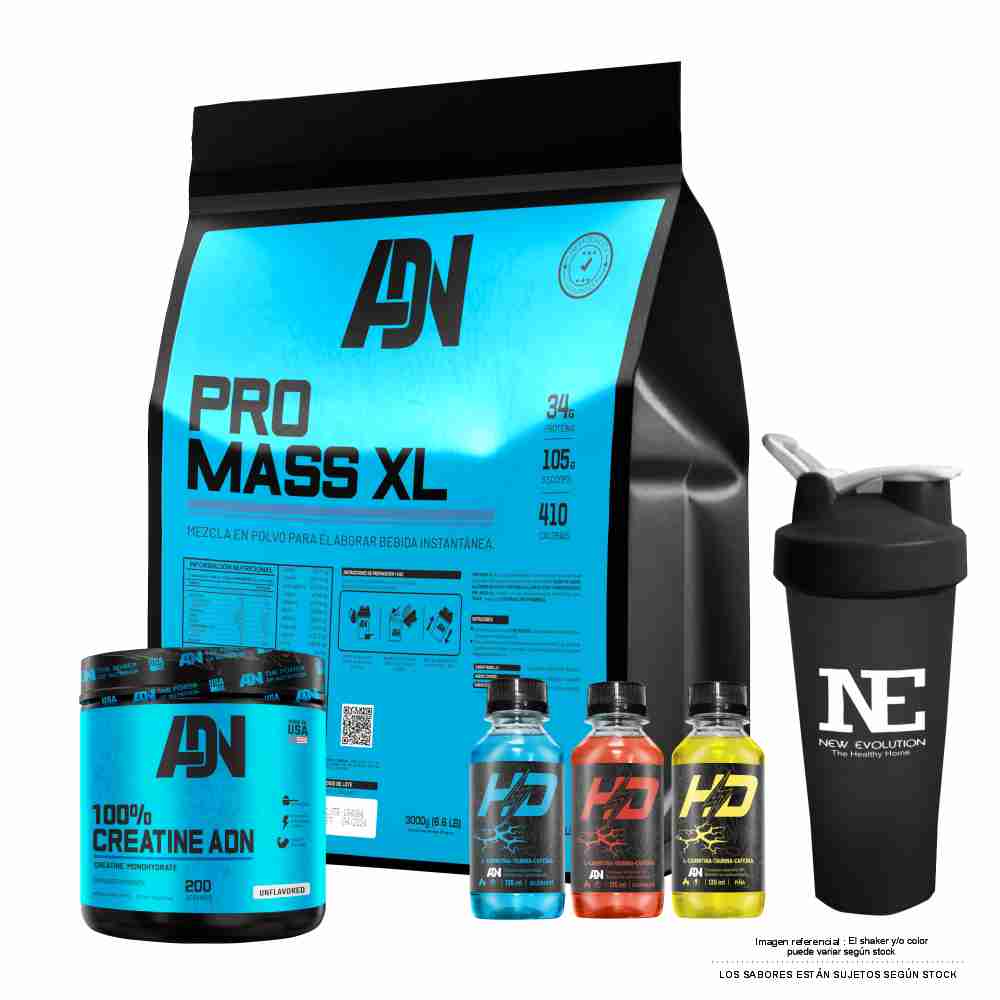 COMBO ADN NUTRITION - PRO MASS XL 3 KG. CHOCOLATE + 100% CREATINE ADN 500 GR. + SHAKER