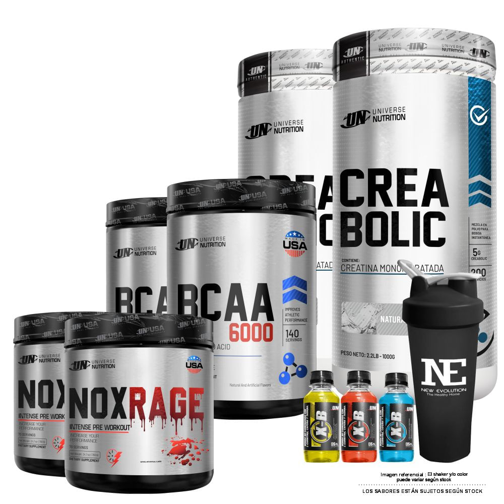 COMBO UN- 2 NOX RAGE 700GR. CITRUS PUNCH + 2 BCAA 6000 980GR. CITRUS PUNCH+ 2 CREABOLIC 1 KG +SHAKER
