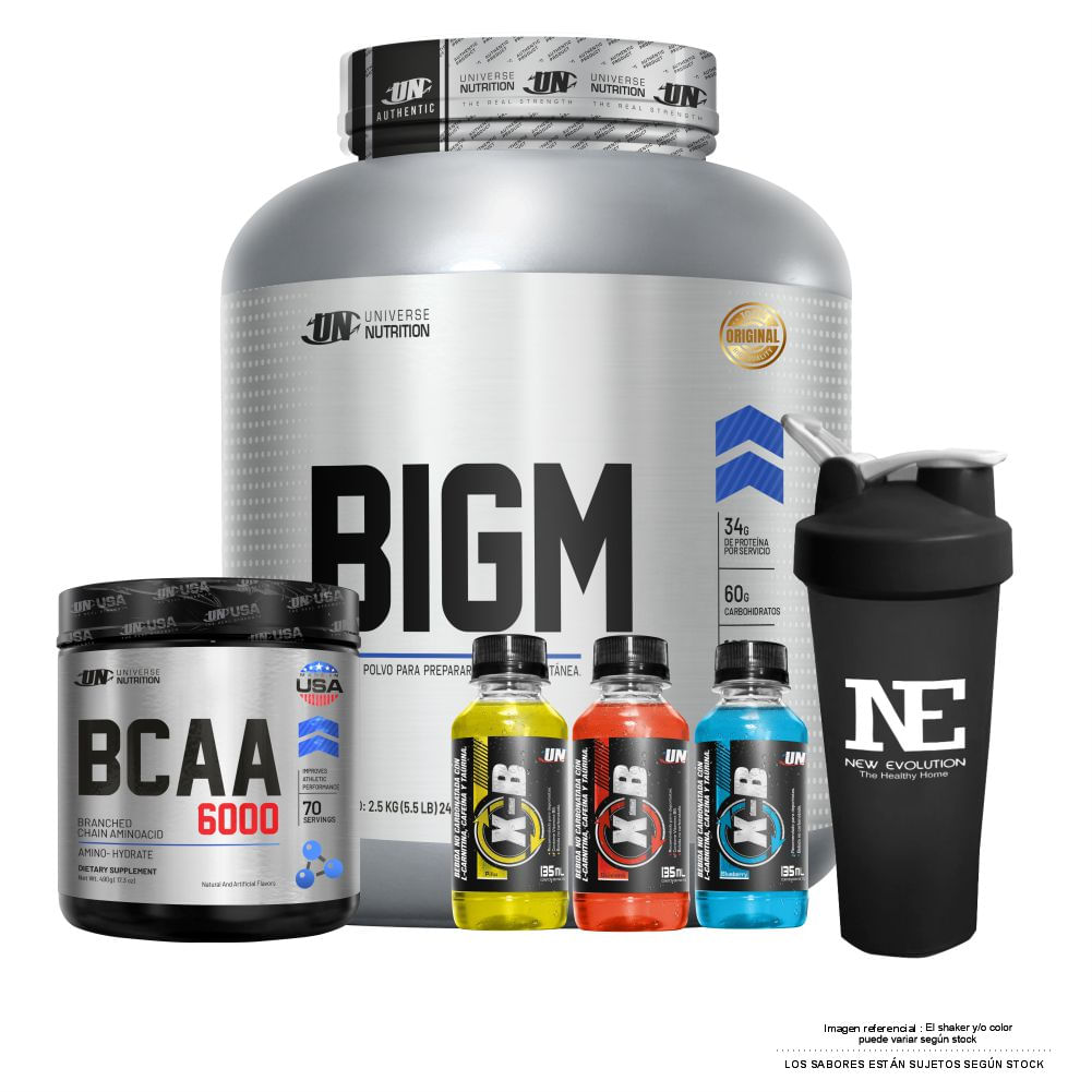 COMBO UNIVERSE NUTRITION - BIGM 2.5 KG. CHOCOLATE +  BCAA 6000 490 GR. CITRUS PUNCH + SHAKER