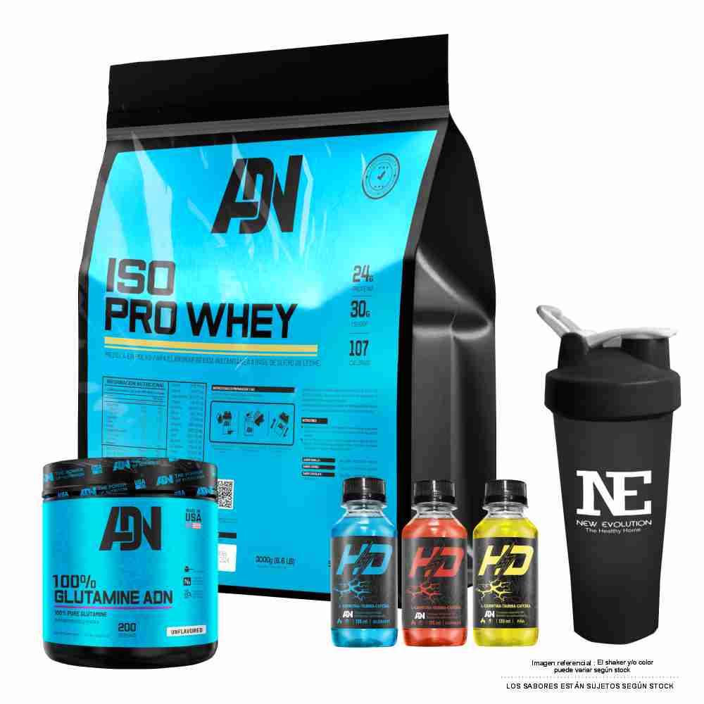COMBO ADN NUTRITION - ISO PRO WHEY 5 KG. CHOCOLATE + 100% GLUTAMINE ADN 500 GR. NATURAL + SHAKER