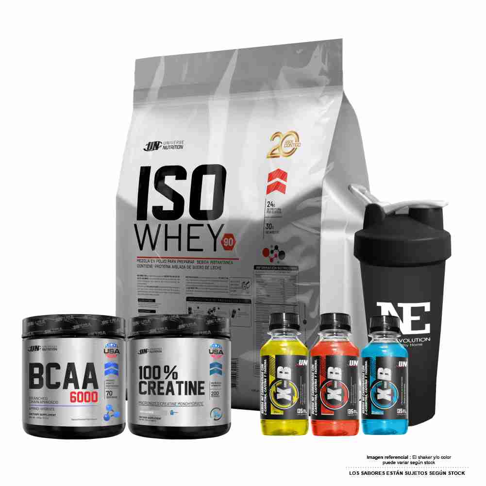 COMBO UNIVERSE - ISO WHEY 90 5 KG. CHOCOLATE + 100% CREATINE 500GR + BCAA 490GR. FRUIT PUNCH +SHAKER