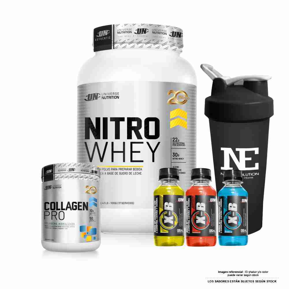 COMBO UNIVERSE NUTRITION - NITRO WHEY 1.100 KG. CHOCOLATE + COLLAGEN PRO 500GR. FRUIT PUNCH + SHAKER