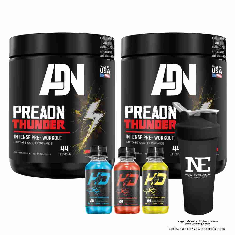COMBO ADN NUTRITION - 2 PRE ADN THUNDER 352 GR. FRUIT PUNCH + SHAKER