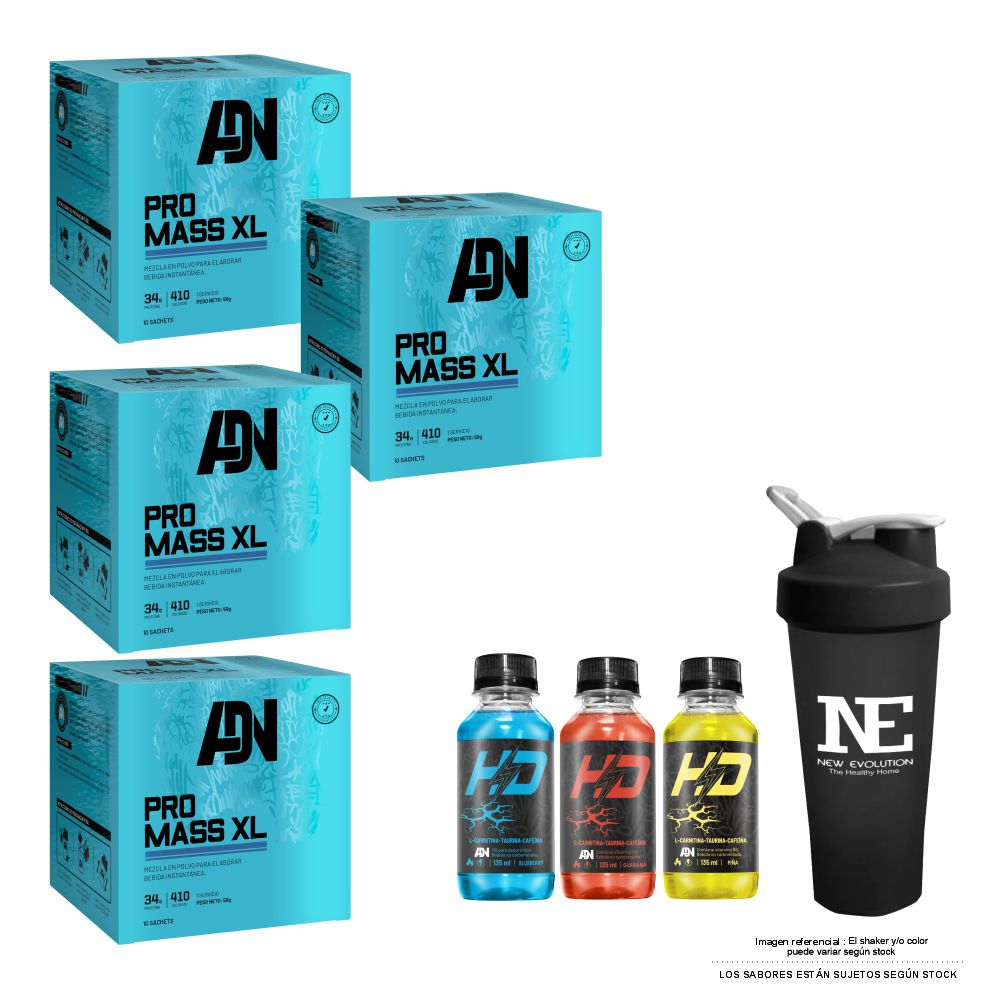 COMBO ADN NUTRITION - 4 PRO MASS XL CAJA 10 UNID. CHOCOLATE + SHAKER