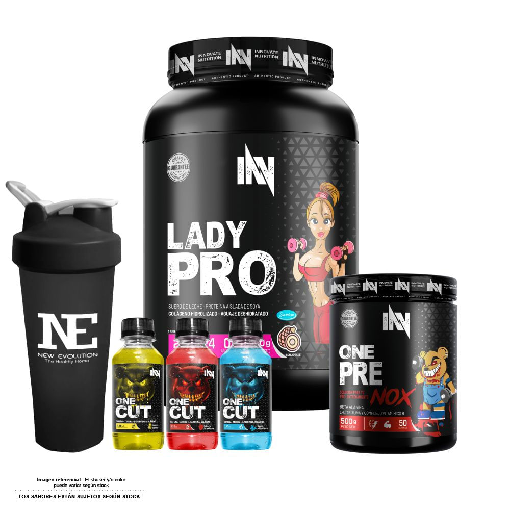 COMBO INNOVATE NUTRITION - LADY PRO 1.100 KG. VAINILLA + ONE PRE NOX 500 GR. MORA  + SHAKER