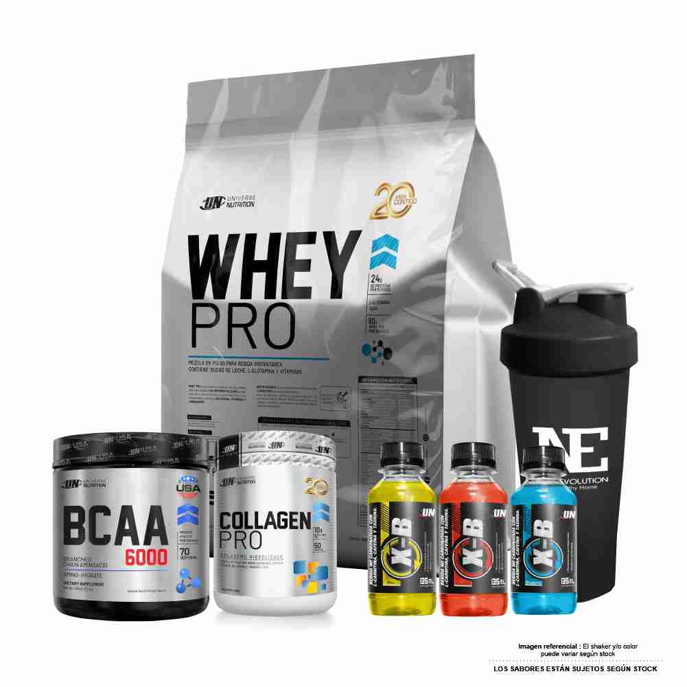 COMBO UNIVERSE - WHEY PRO 3 KG. VAINILLA+ BCAA 490GR FRUIT PUNCH + COLLAGEN PRO 500GR SANDIA +SHAKER