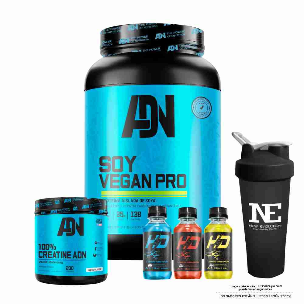 COMBO ADN NUTRITION - SOY VEGAN PRO 1.500 KG. VAINILLA + 100% CREATINE ADN 500 GR. + SHAKER