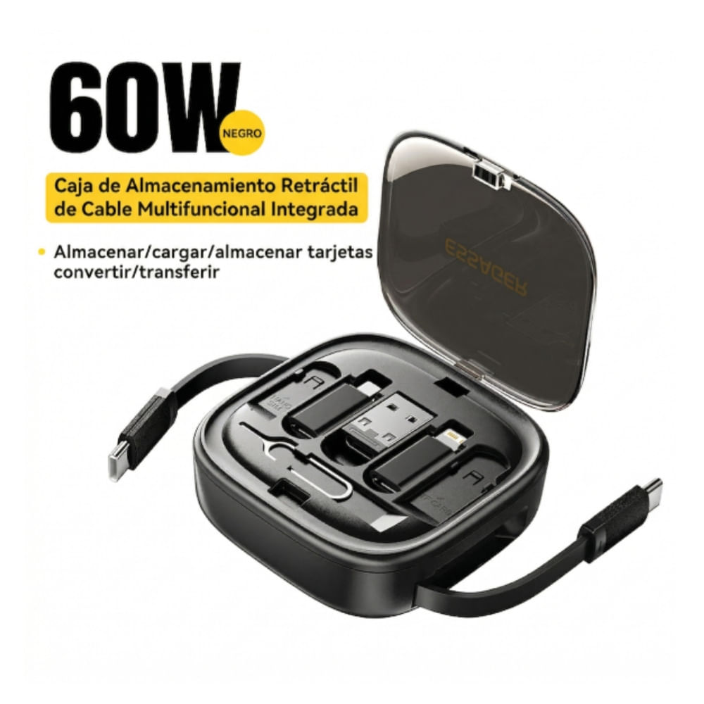 ESSAGER Cable USB C Retráctil 60W con Caja Organizadora Multifunción