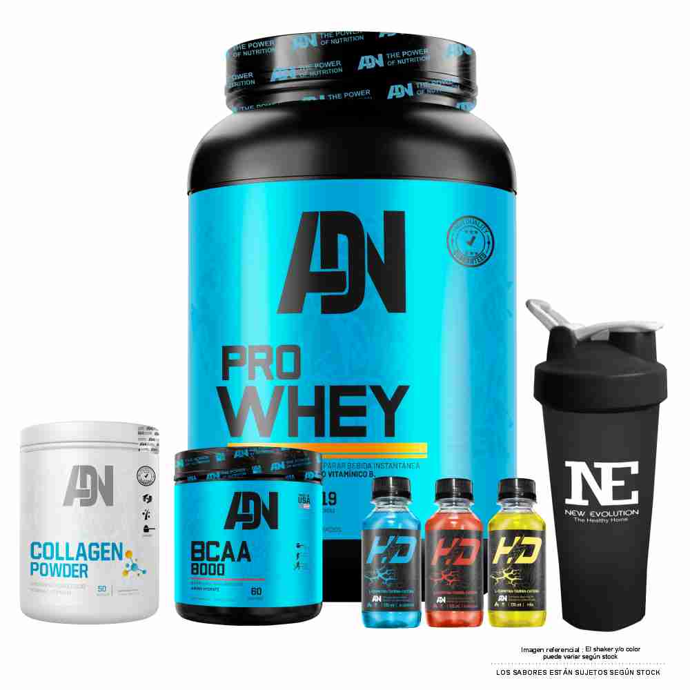 COMBO ADN - PRO WHEY 1.1 KG. COOKIE + COLLAGEN 500GR. FRUIT PUNCH + BCAA 8000 540GR. MANZANA +SHAKER