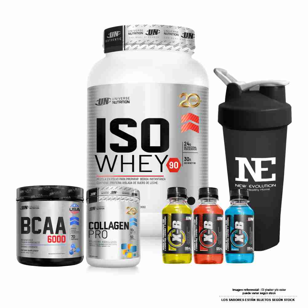 COMBO UNIVERSE- ISO WHEY 90 1.1KG. VAINILLA + BCAA 490G FRUIT PUNCH+ COLLAGEN PRO 500G SANDIA+SHAKER