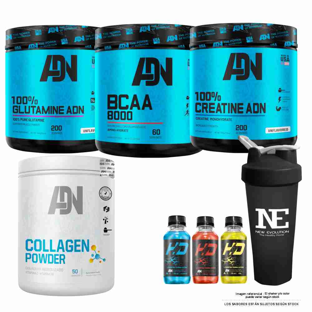 COMBO ADN - CREATINE 500GR +GLUTAMINE 500GR+BCAA 540GR FRUIT PUNCH+COLLAGEN 500GR FRUIT PUNCH+SHAKER