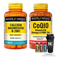 COMBO VITAMINAS MASON NATURAL- CALCIO,MAGNESIO Y ZINC+ CoQ10 (VITAMINA E & OMEGA 3 FISH OIL) +SHAKER
