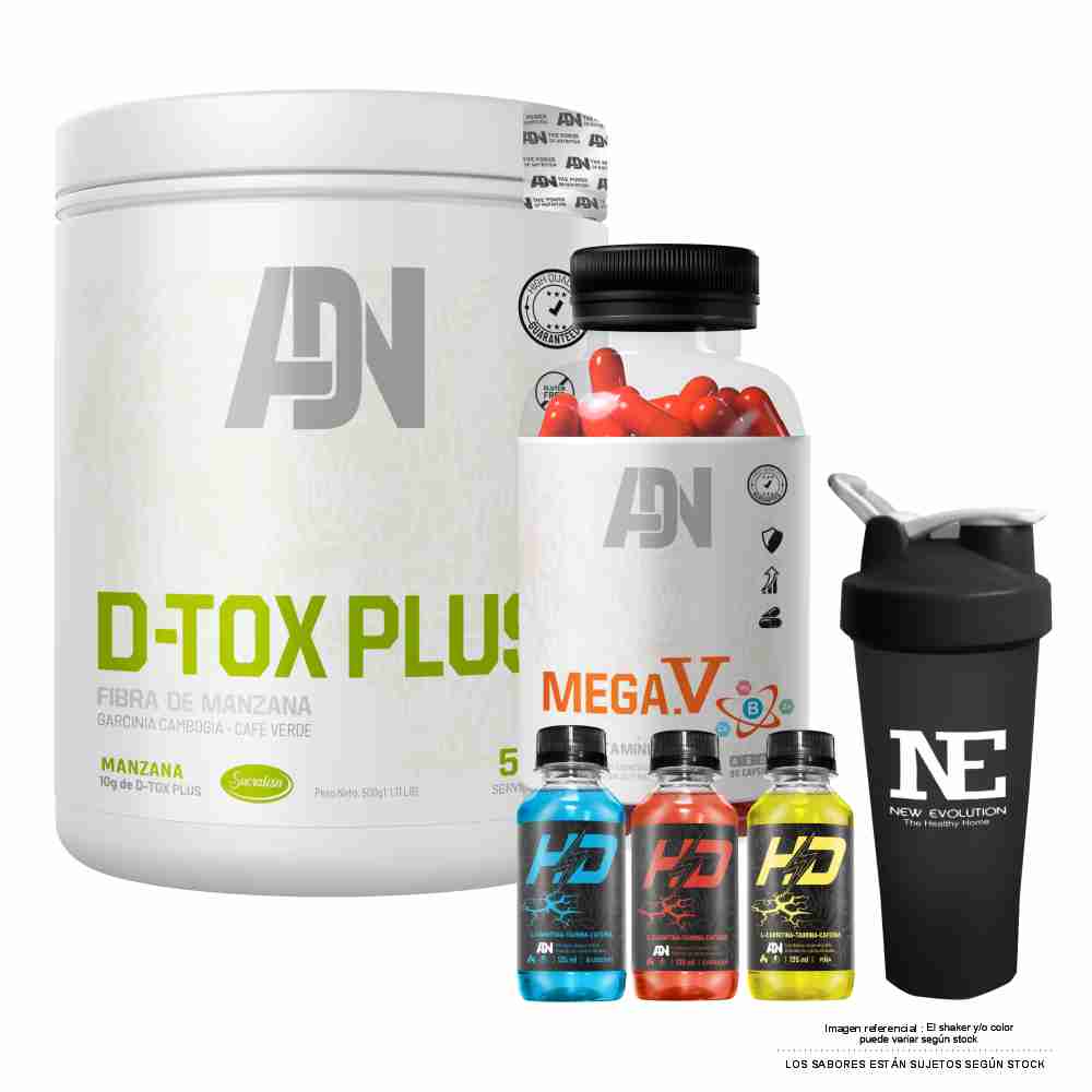 COMBO ADN NUTRITION - D-TOX PLUS 500 GR. MANZANA + MEGA.V 100 CAPS. + SHAKER
