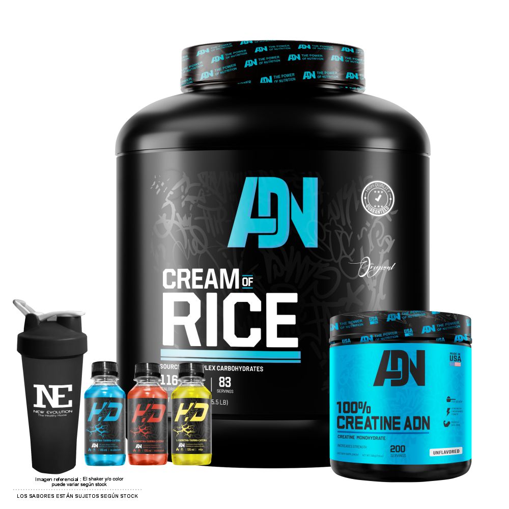 COMBO ADN NUTRITION - CREAM OF RICE 2.5 KG. VAINILLA + 100% CREATINE ADN 500 GR.  + SHAKER