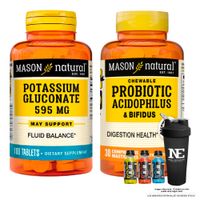 COMBO VITAMINAS MASON NATURAL- GLUCONATO DE POTASIO 595 MG+ PROBIÓTICO ACIDOPHILUS & BIFIDUS +SHAKER