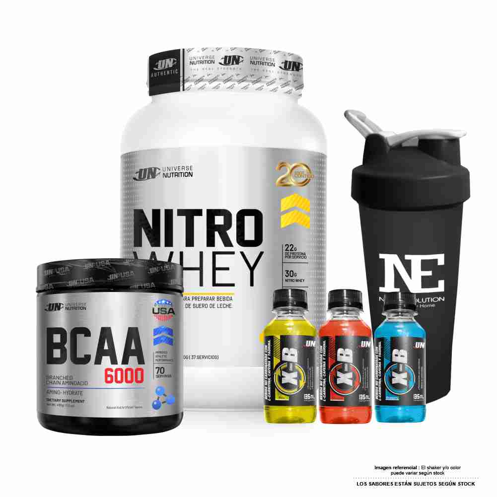 COMBO UNIVERSE NUTRITION - NITRO WHEY 1.100 KG. VAINILLA + BCAA 6000 490 GR. CITRUS PUNCH + SHAKER