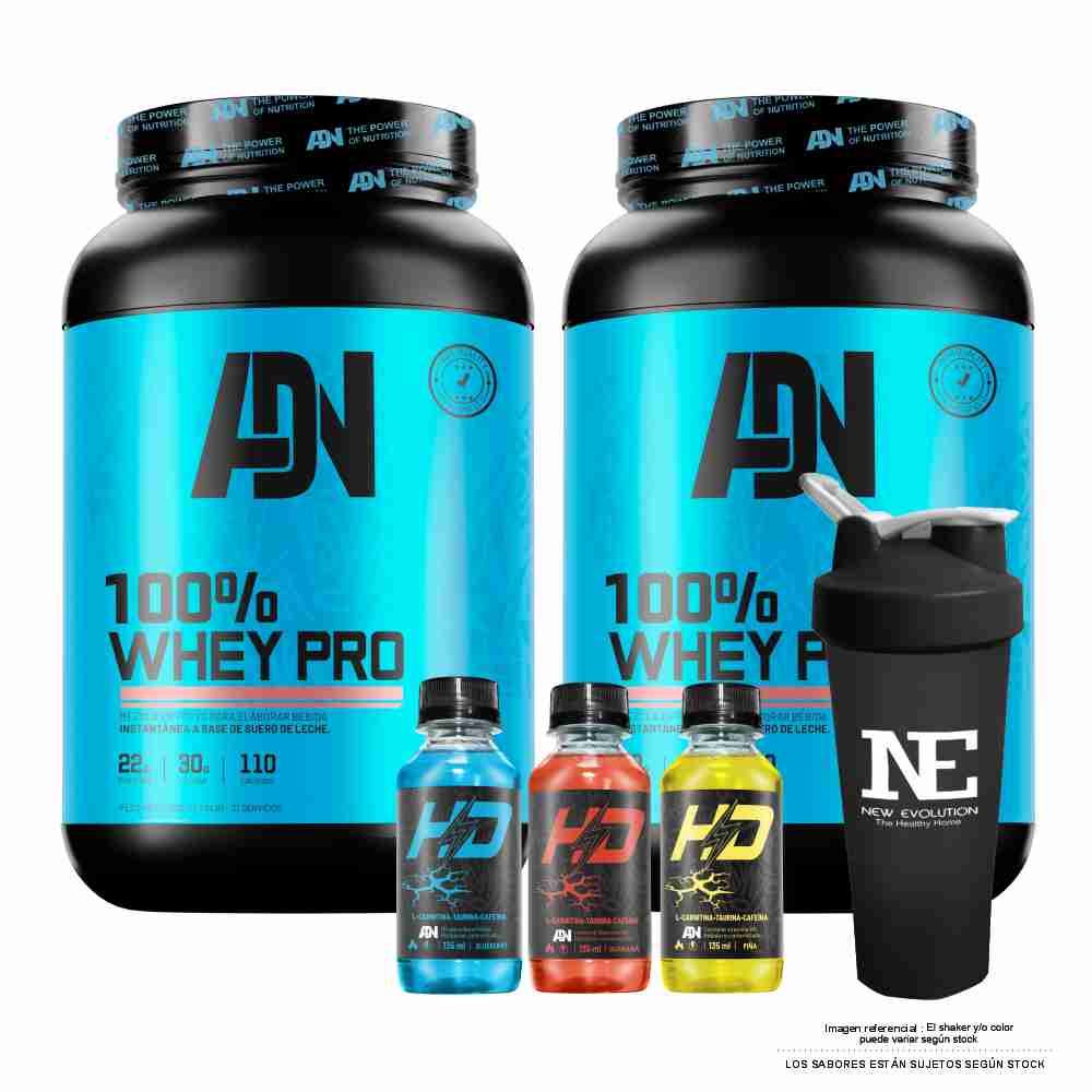 COMBO ADN NUTRITION - 2 100% WHEY PRO 1.100 KG. CHOCOLATE + SHAKER