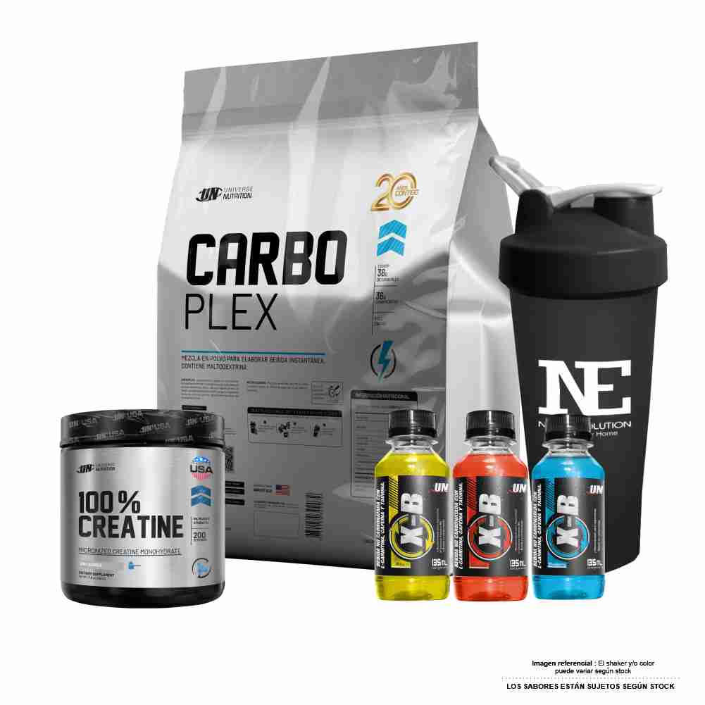 COMBO UNIVERSE NUTRITION - CARBO PLEX 5 KG. NARANJA + 100% CREATINE 500 GR. + SHAKER